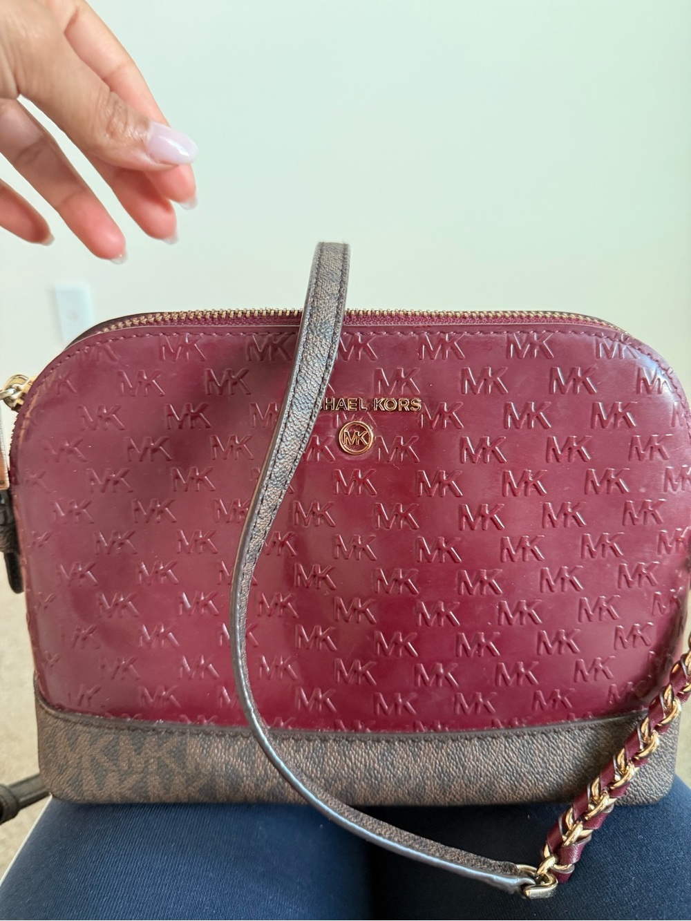 Michael Kors Burgundy and Brown MK-Embossed Crossbody